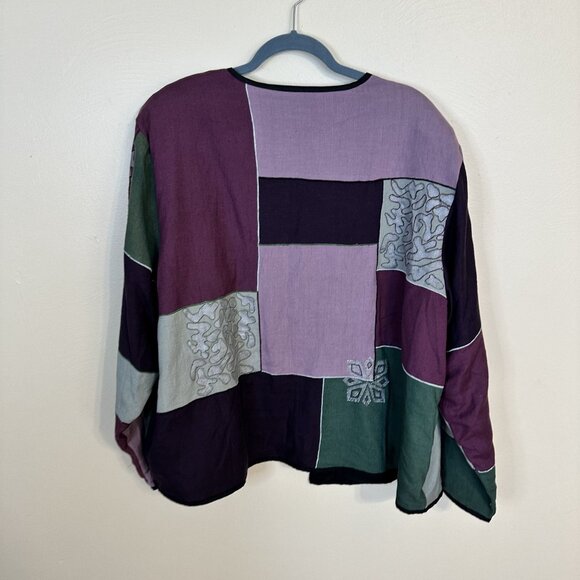 Boho Patchwork Button Up Jacket Womens 3X Rayon & Cotton Purple Embroidered - Picture 4 of 8